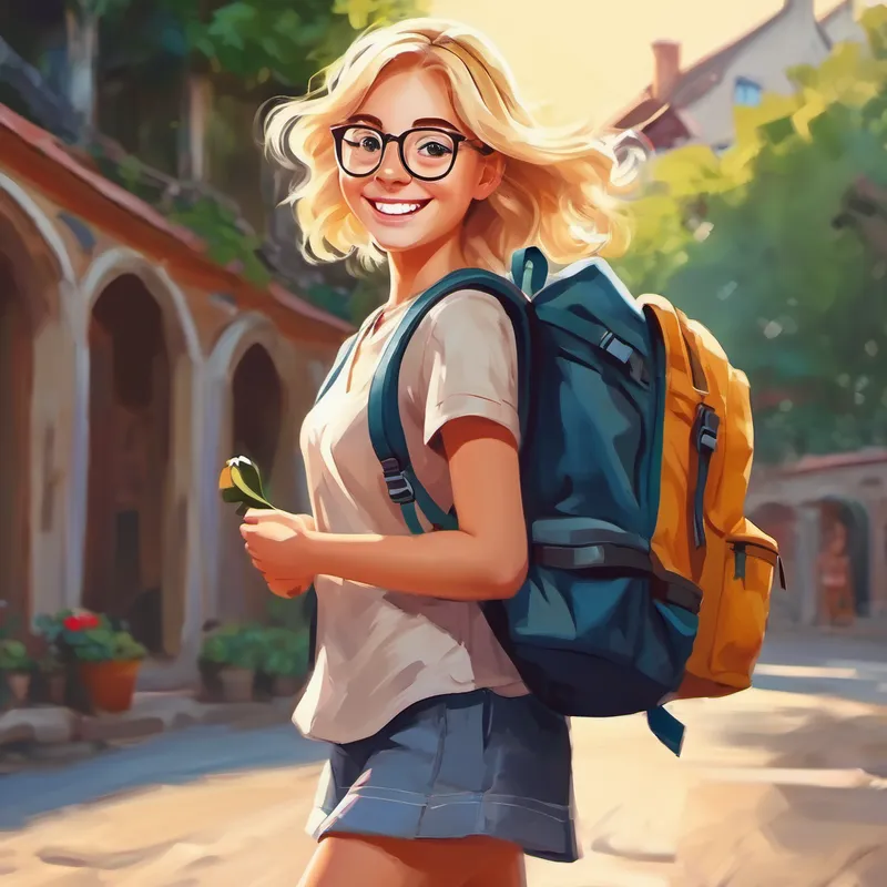 Blonde girl with glasses and a big smile smiling and holding a backpack