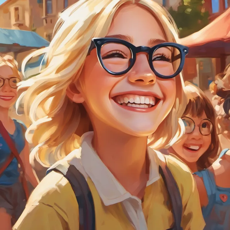Blonde girl with glasses and a big smile playing with a group of girls