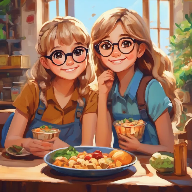 Blonde girl with glasses and a big smile and Shy girl with brown hair and kind eyes sitting together with food