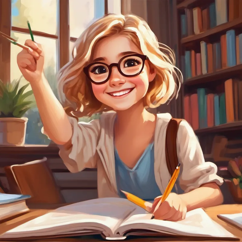 Blonde girl with glasses and a big smile and Shy girl with brown hair and kind eyes studying and high-fiving