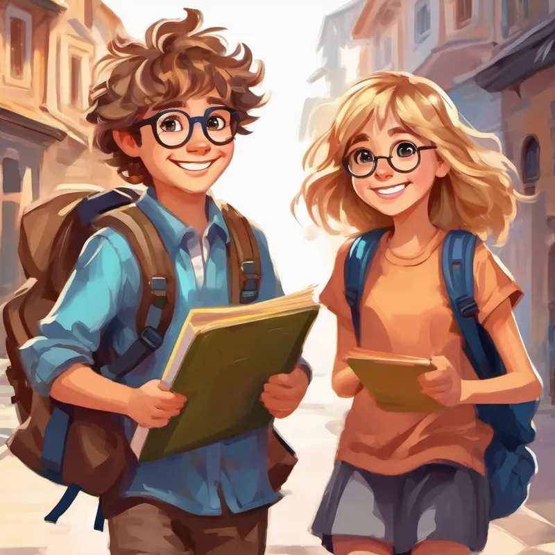 Blonde girl with glasses and a big smile, Shy girl with brown hair and kind eyes, and Energetic boy with messy hair and a backpack with books and pencils