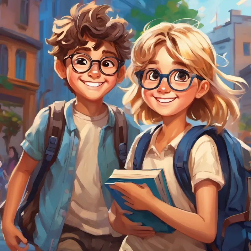 Blonde girl with glasses and a big smile, Shy girl with brown hair and kind eyes, and Energetic boy with messy hair and a backpack with books and smiles