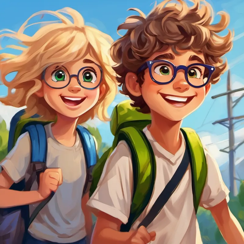 Blonde girl with glasses and a big smile, Shy girl with brown hair and kind eyes, and Energetic boy with messy hair and a backpack having fun and smiling