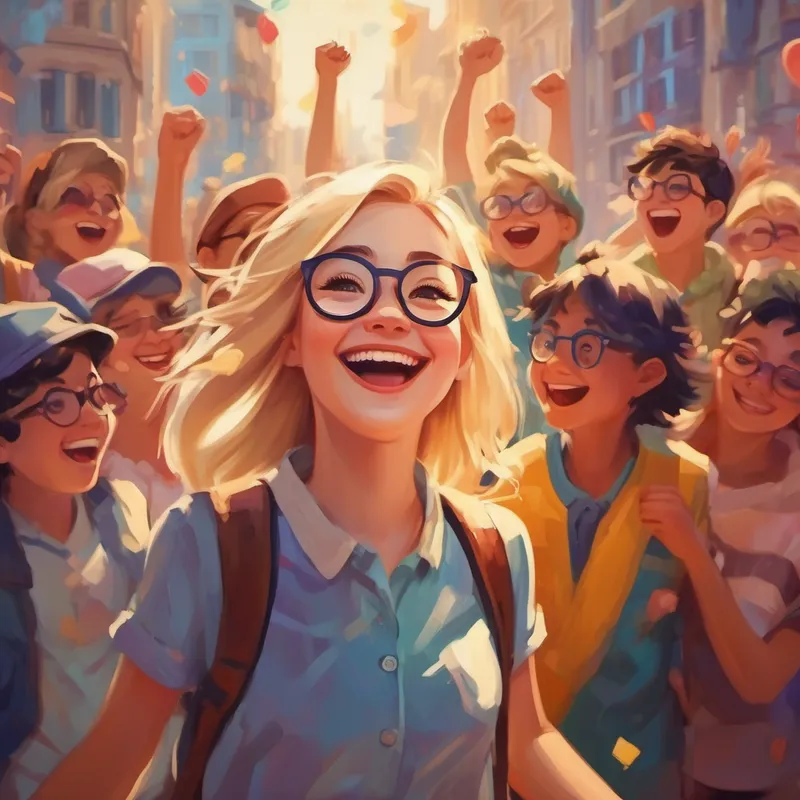 Blonde girl with glasses and a big smile surrounded by happy friends holding hands