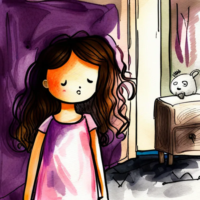 A little girl with curly brown hair and a purple nightgown standing in a dimly lit room, looking scared