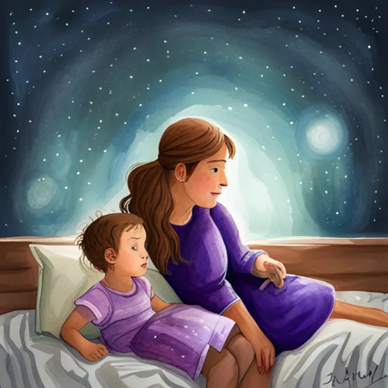 A little girl with curly brown hair and a purple nightgown talking to her nanny, pointing at the night sky