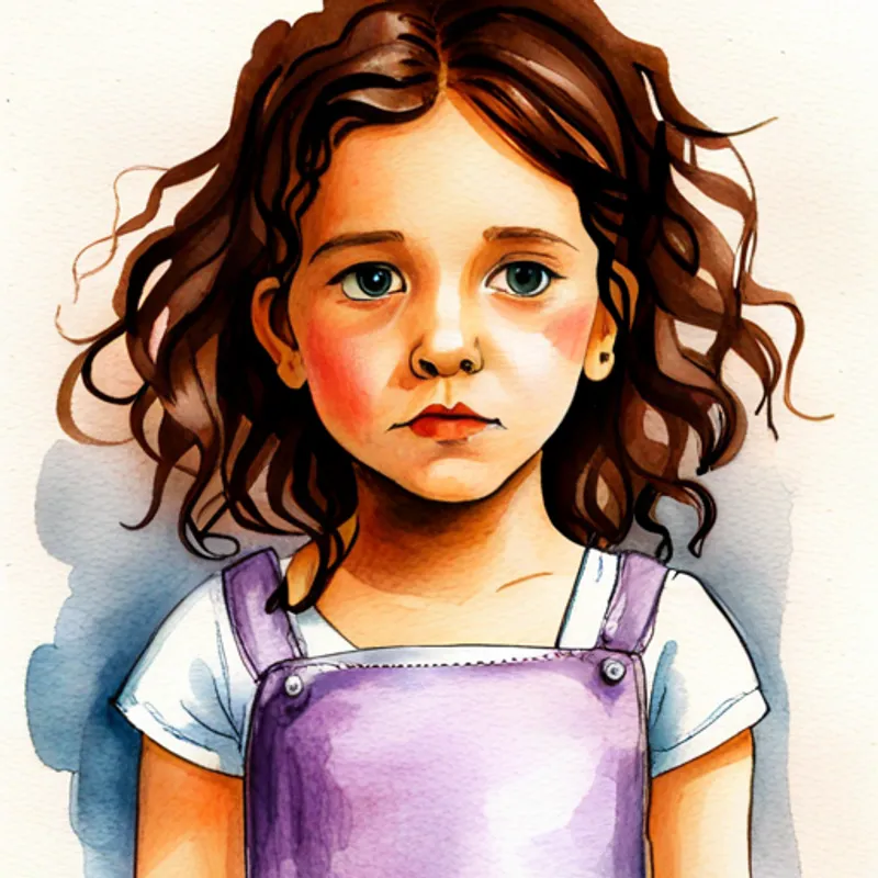 A little girl with curly brown hair and a purple nightgown looking confused with her hands on her hips