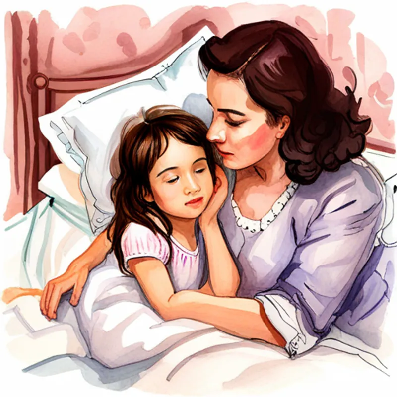 A little girl with curly brown hair and a purple nightgown lying in bed, with her nanny beside her, whispering