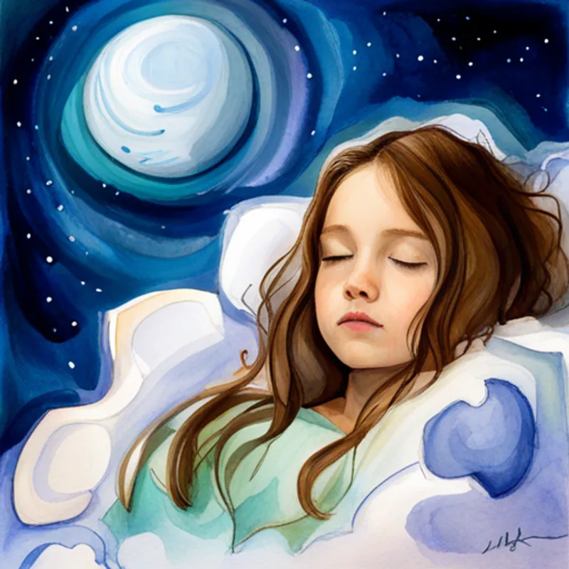 A little girl with curly brown hair and a purple nightgown sleeping peacefully, with A big blue planet with green land and white clouds floating above her
