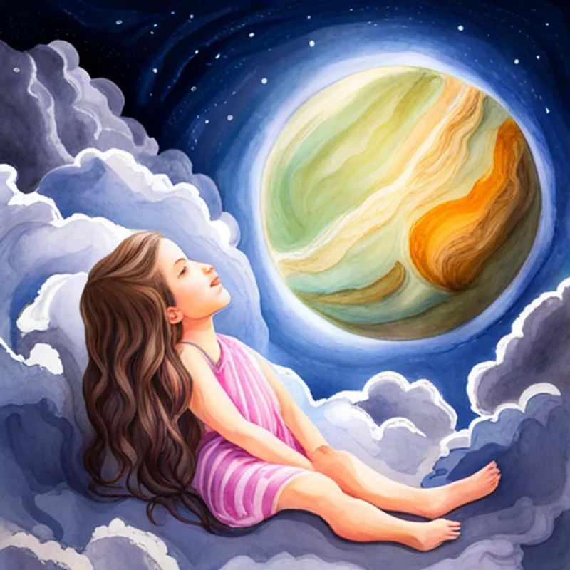 A little girl with curly brown hair and a purple nightgown dreaming, holding hands with A big blue planet with green land and white clouds