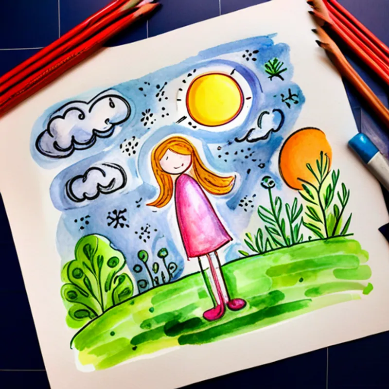 A big blue planet with green land and white clouds showing A little girl with curly brown hair and a purple nightgown different plants and animals