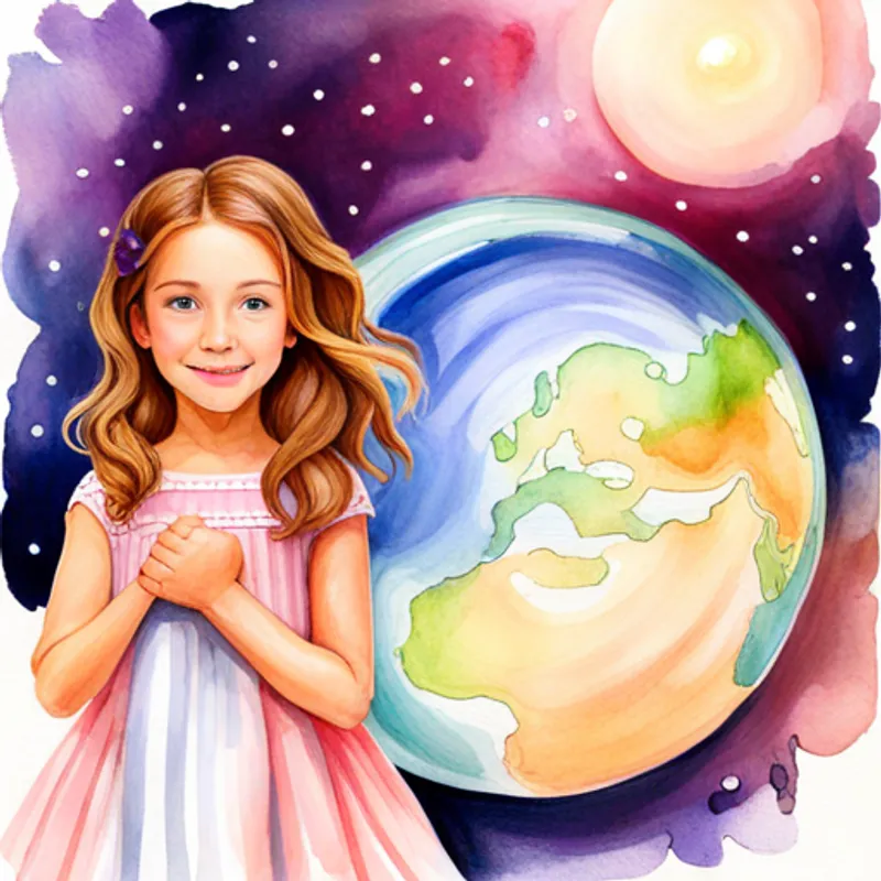 A little girl with curly brown hair and a purple nightgown and A big blue planet with green land and white clouds holding hands, smiling