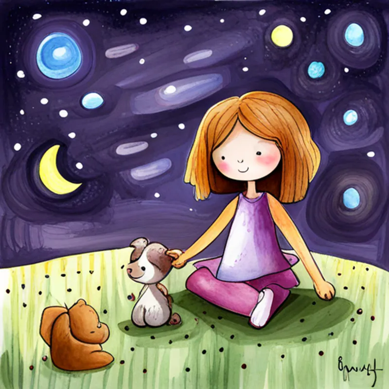 A little girl with curly brown hair and a purple nightgown sitting under the night sky, talking to her new animal and plant friends