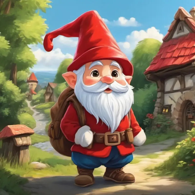 In a small village, A tiny gnome with a white beard and a red hat the gnome with a white beard and red hat.