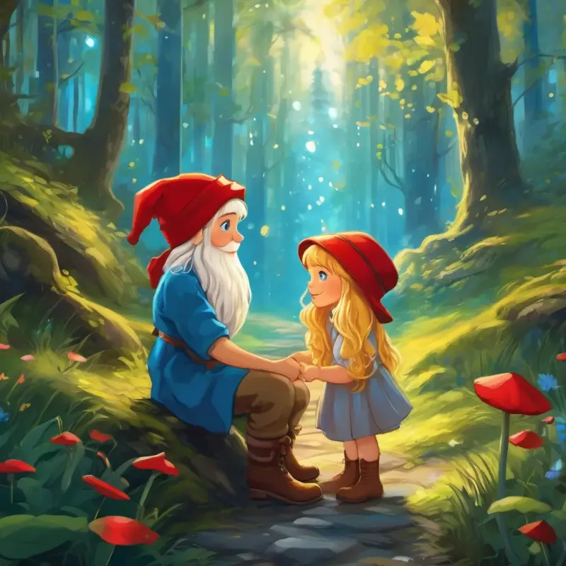 In the enchanted forest, A tiny gnome with a white beard and a red hat meets A beautiful girl with long golden hair and sparkling blue eyes, a beautiful girl with golden hair and blue eyes.
