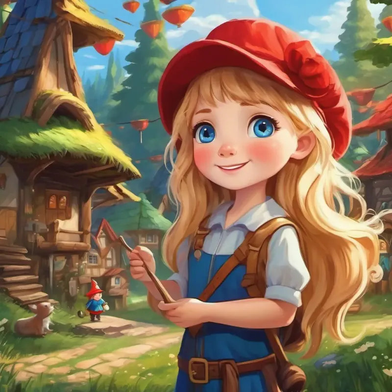 A beautiful girl with long golden hair and sparkling blue eyes and A tiny gnome with a white beard and a red hat use their magic to help villagers and bring joy.