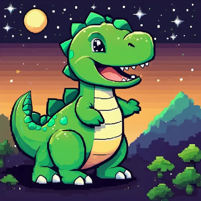 Small green dinosaur with a friendly smile looking up at the stars with excitement