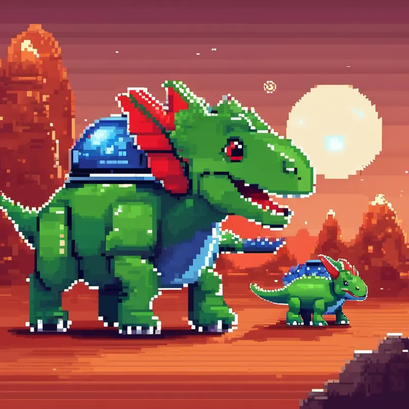 Small green dinosaur with a friendly smile and Blue triceratops with a red horn in their spaceship, flying towards Mars
