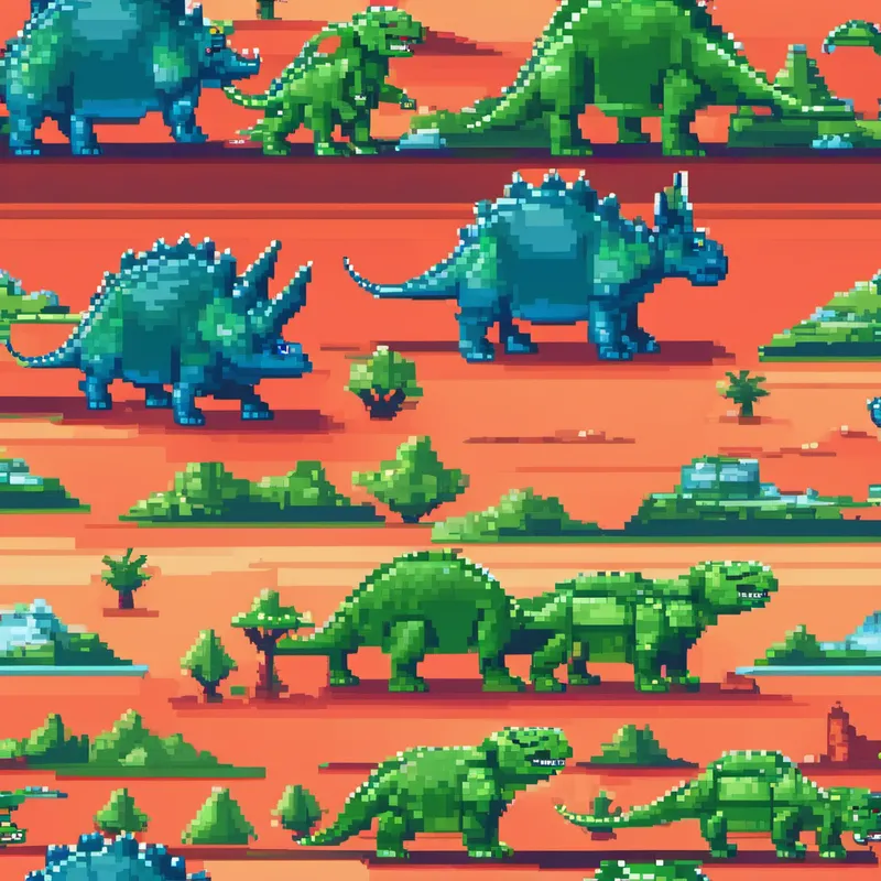 Small green dinosaur with a friendly smile, Blue triceratops with a red horn, and Martian with green skin and silver clothes playing on Mars