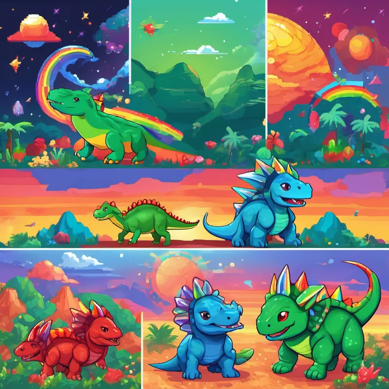 Small green dinosaur with a friendly smile, Blue triceratops with a red horn, Martian with green skin and silver clothes, and Alien with rainbow-colored fur and sparkly eyes having a picnic surrounded by colorful storms on Jupiter