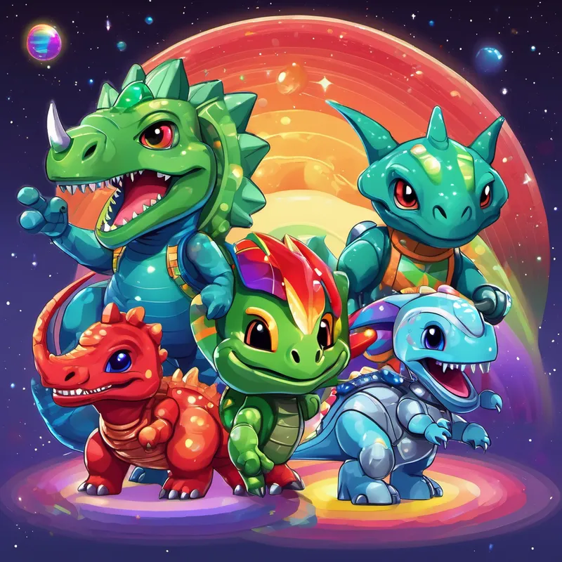 Small green dinosaur with a friendly smile, Blue triceratops with a red horn, Martian with green skin and silver clothes, Alien with rainbow-colored fur and sparkly eyes, and Little robot with a shiny silver body exploring Saturn's rings