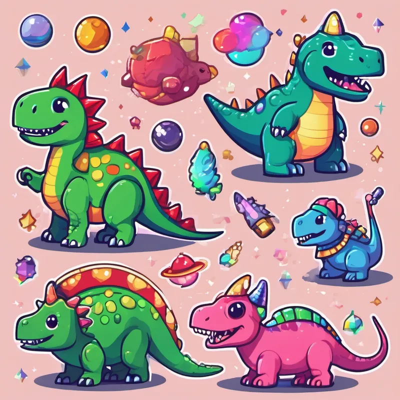 Small green dinosaur with a friendly smile, Blue triceratops with a red horn, Martian with green skin and silver clothes, Alien with rainbow-colored fur and sparkly eyes, Little robot with a shiny silver body, and Warm-hearted creature with soft pink fur laughing on Venus