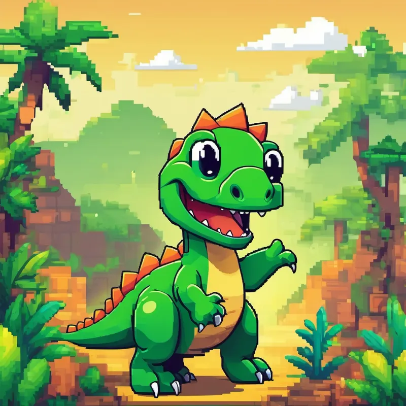 Small green dinosaur with a friendly smile and his friends smiling and waving goodbye