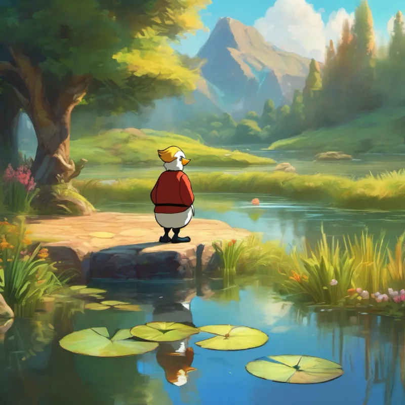 Donald arrives at the pond, eager to share his encounter.