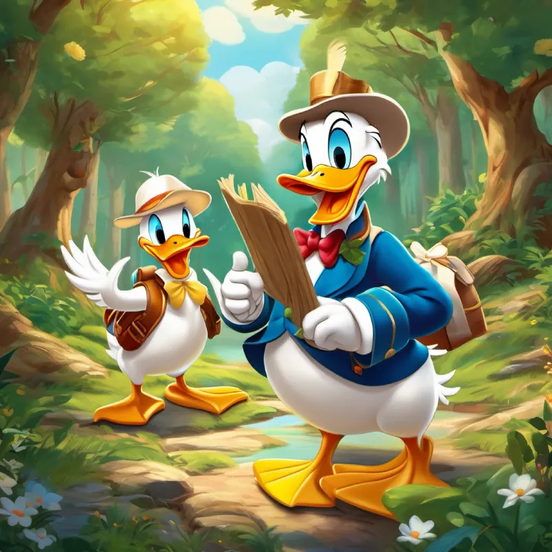 Donald duck and Daisy are excited about a treasure hunt. Uncle Scrooge, an elderly duck, joins them. They follow a map through forests and mountains, encountering mischievous monkeys, talking trees, and a friendly unicorn. They're excited to count their riches and share their excitement.