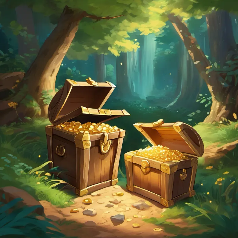 As they ventured deeper into the woods, they stumbled upon a hidden cave. Inside, they discovered a chest glittering with gold and precious gems. The friends were in awe of the treasure before them. Uncle Scrooge couldn't contain his excitement and started counting the riches, while Donald and Daisy danced around in joy.
