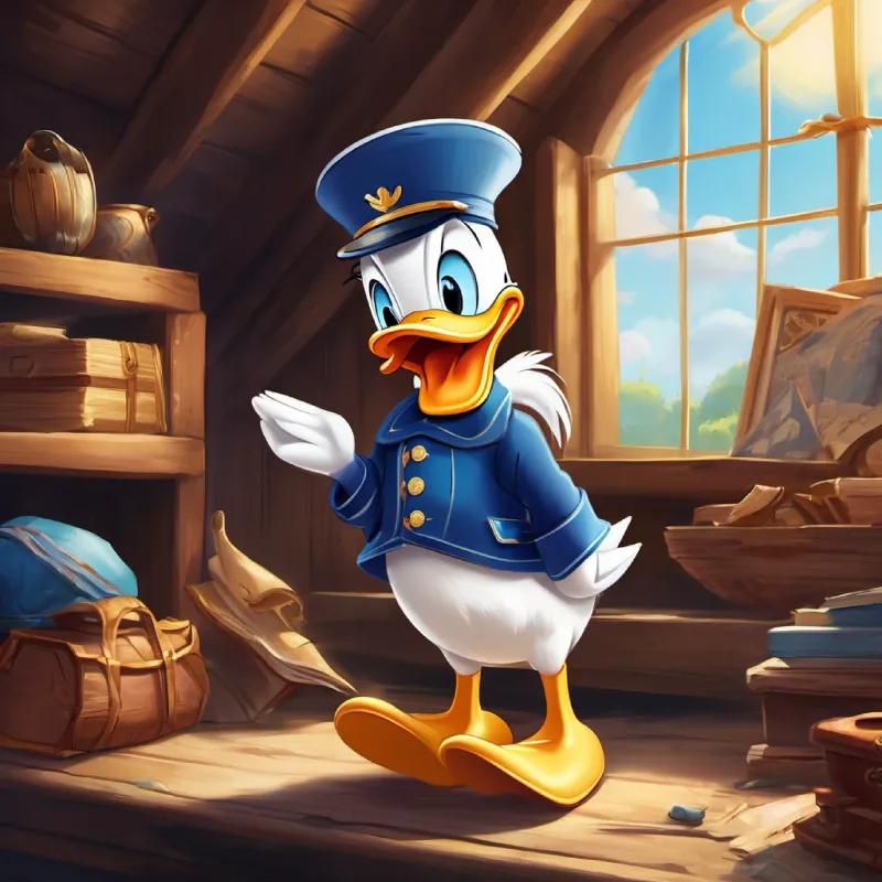 Once upon a time in a magical land, there lived a feathery fellow named Donald Duck. With his bright blue feathers and a sailor hat perched on his head, Donald was always ready for an adventure. He had a short temper, but deep down, he had a heart of gold. One sunny morning, Donald woke up with an excitement in his heart. He knew it was going to be a day full of surprises and new discoveries. Donald waddled over to his friend Daisy Duck's house. Daisy was a stylish lady duck with long eyelashes and a love for all things fashionable. She greeted Donald with a cheerful smile and exclaimed, "Oh, Donald! I'm so glad you're here. I found an old treasure map in my attic. Let's go on a treasure hunt!"