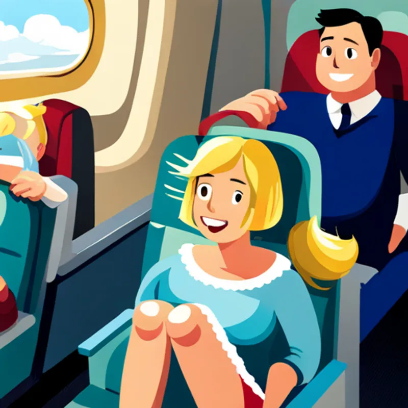Blonde girl with a blue dress and a big smile and parents on an airplane