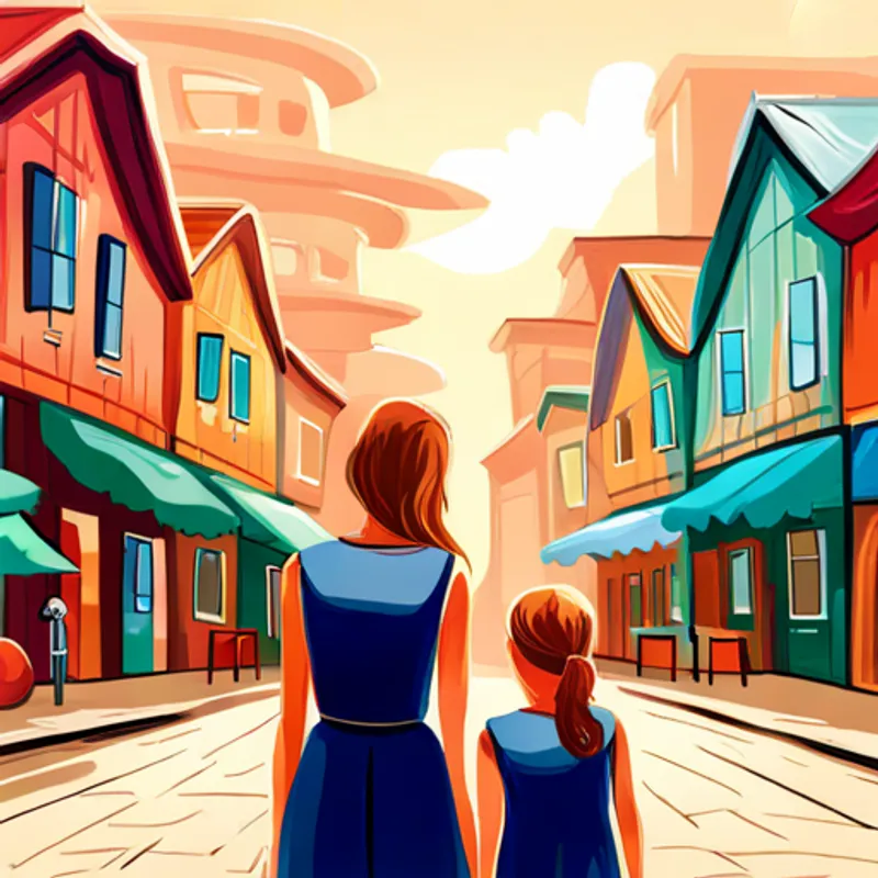 Blonde girl with a blue dress and a big smile and parents in front of colorful buildings
