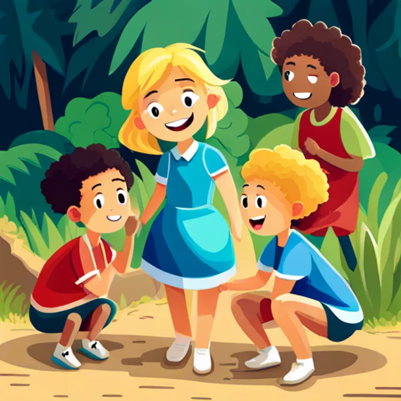 Blonde girl with a blue dress and a big smile playing with girlren of different ethnicities