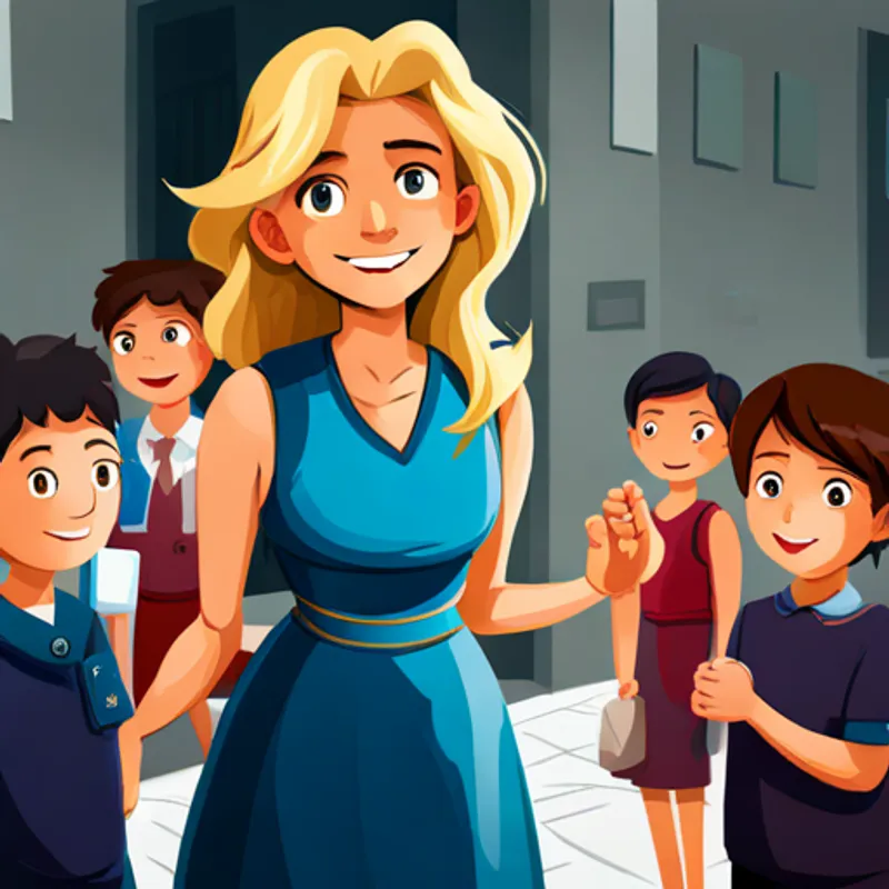 Blonde girl with a blue dress and a big smile saying hello with people from different countries