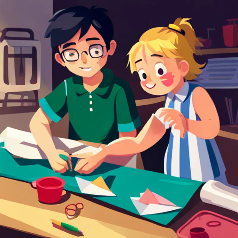 Dark-haired boy with glasses, wearing a green shirt teaching Blonde girl with a blue dress and a big smile to make paper boats, colorful paper around