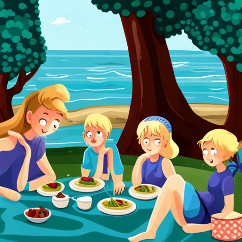 Blonde girl with a blue dress and a big smile and friends having a picnic by the ocean