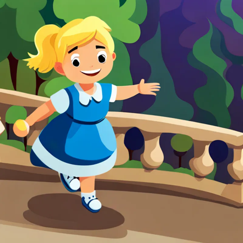 Blonde girl with a blue dress and a big smile waving goodbye to her friends