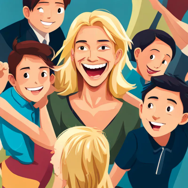 Blonde girl with a blue dress and a big smile surrounded by diverse friends and feeling happy
