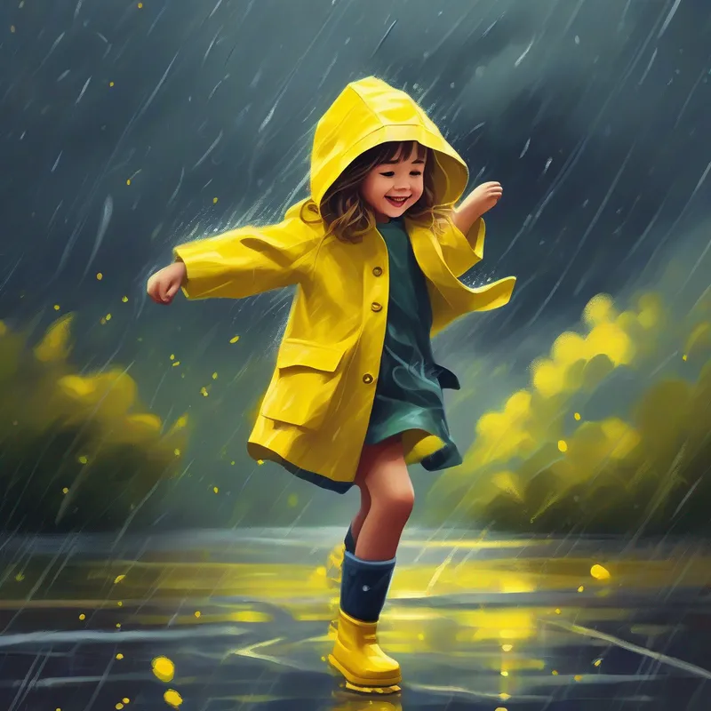 A little girl with yellow raincoat and rain boots with yellow raincoat dancing in the rain, dark clouds