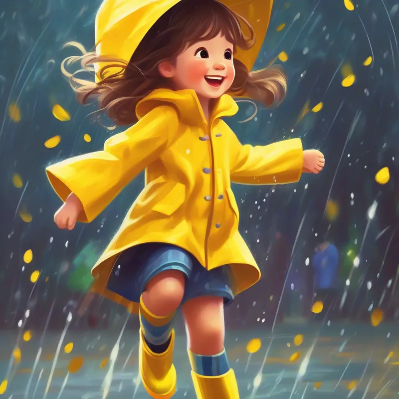 A little girl with yellow raincoat and rain boots twirling and jumping, raindrops falling, smiling