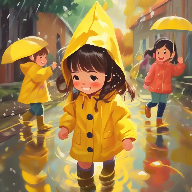 A little girl with yellow raincoat and rain boots and friends holding hands, spinning, splashing in puddles