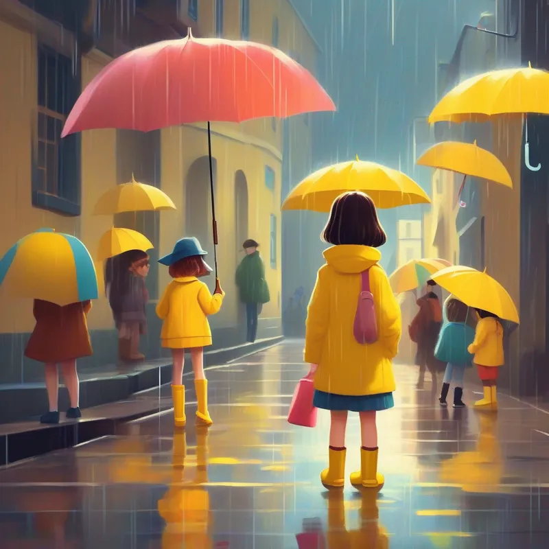 A woman with an umbrella with an umbrella watching A little girl with yellow raincoat and rain boots and friends