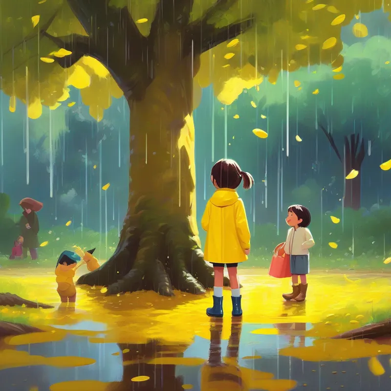 A little girl with yellow raincoat and rain boots and friends under a big tree, wet and muddy