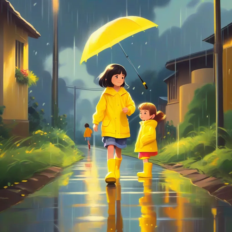 A little girl with yellow raincoat and rain boots and friends walking home, sun peeking out