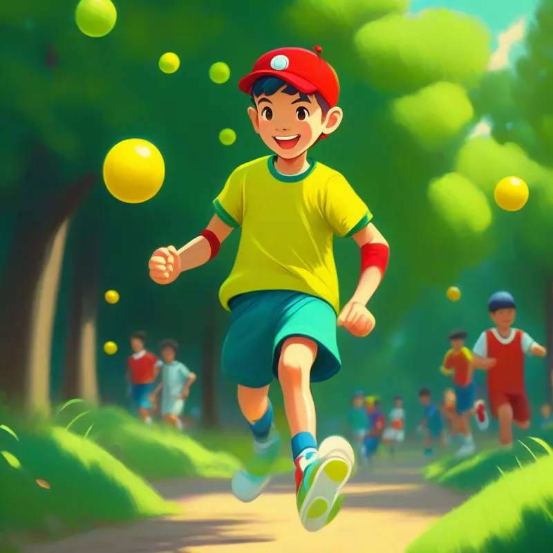Friendly, with a red cap and blue T-shirt and Cheerful, wearing a green headband and yellow jersey playing with balls in the park