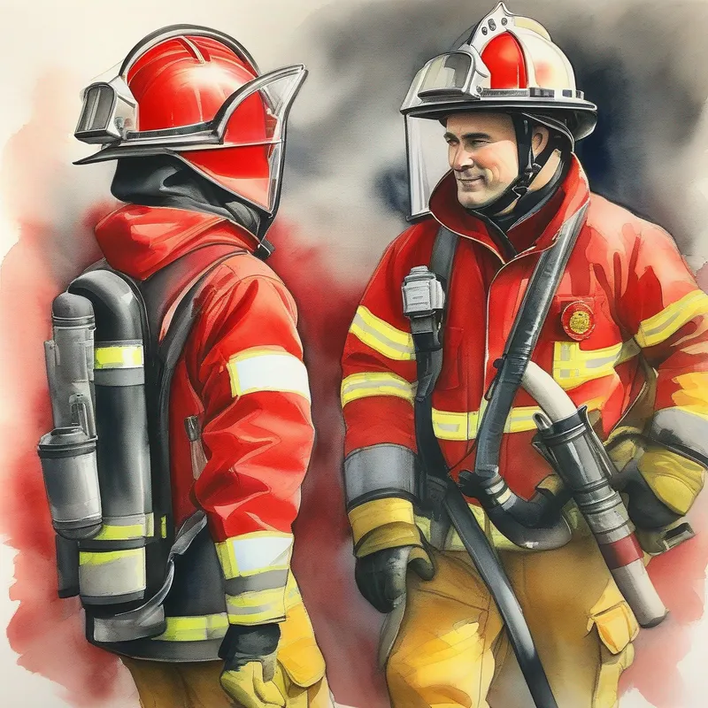 Two firefighters wearing red helmets and jackets.