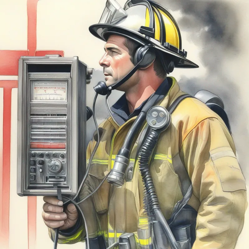 A firefighter holding a radio receiving a call.