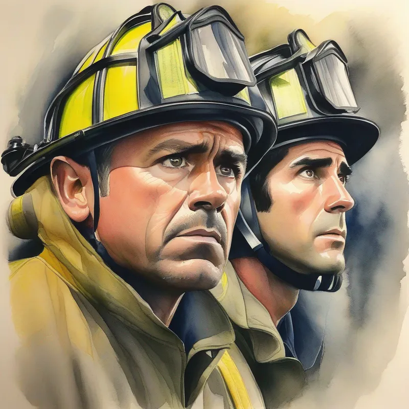 Two firefighters looking worried.
