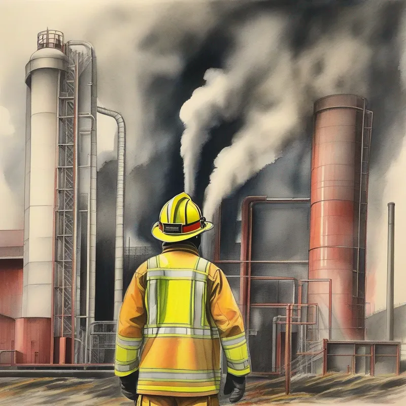 A firefighter standing next to the factory with no more smoke.